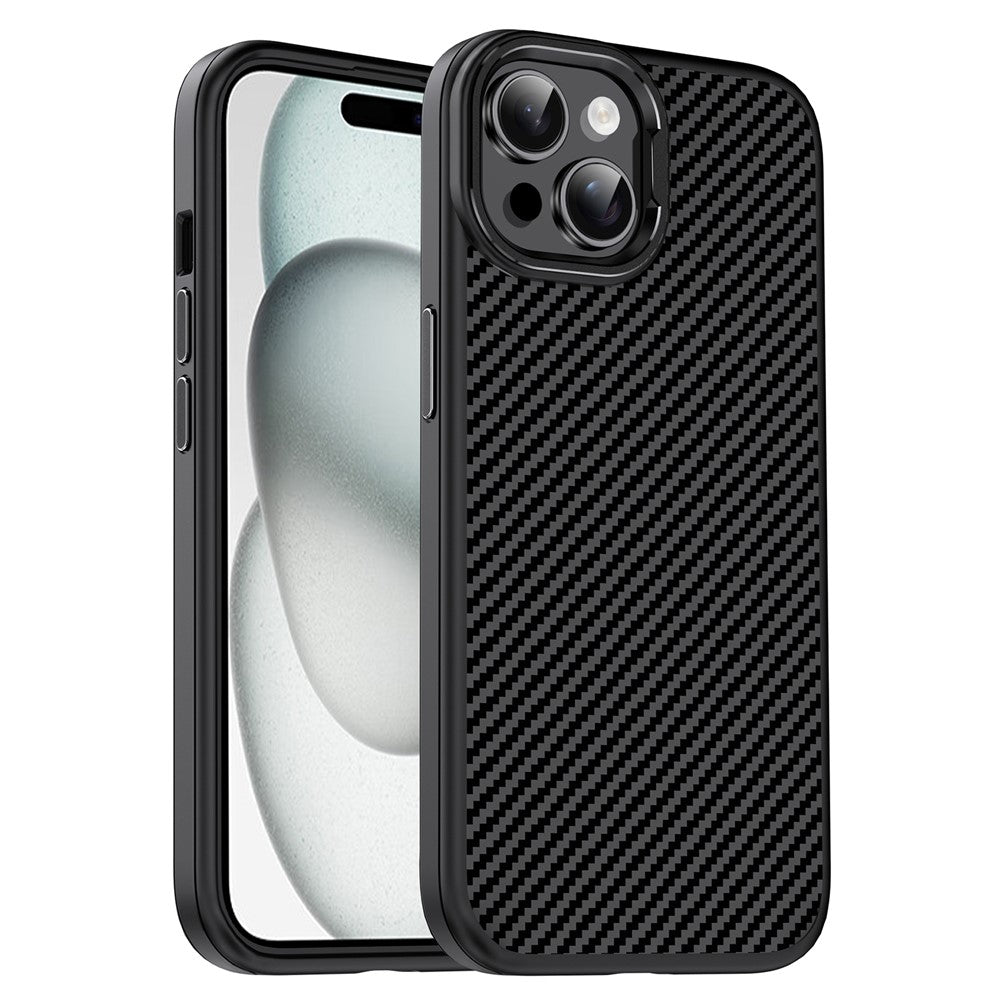 IPAKY Til iPhone 15 Plus TPU Cover Kulstoffiberstruktur Telefoncover Metal Linseramme