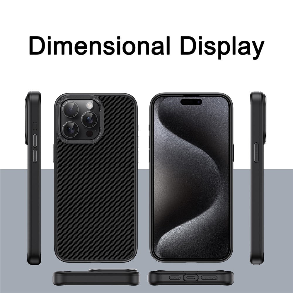 IPAKY TPU-cover til iPhone 15 Plus med kulfibertekstur og metalramme til kameralinse