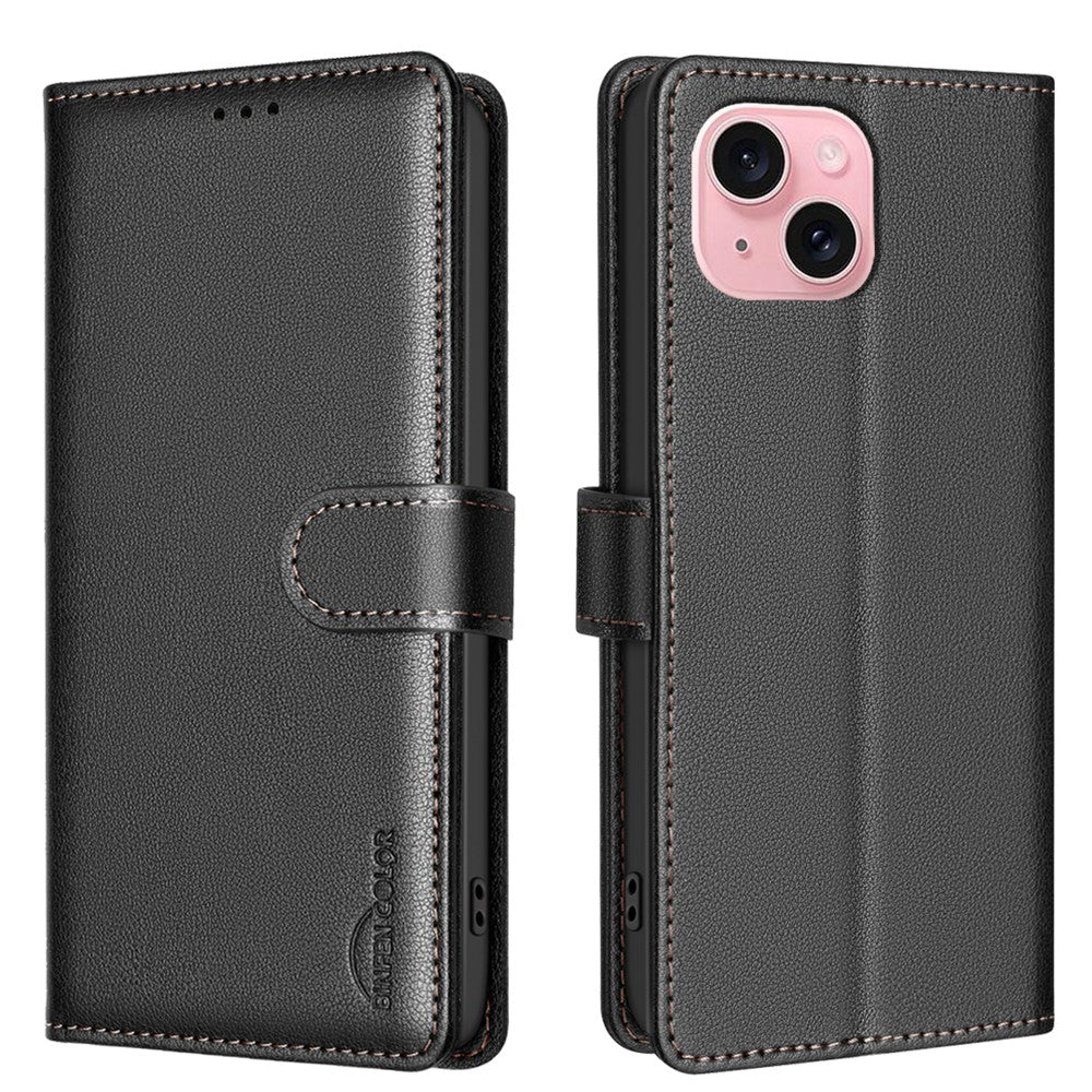 BINFEN COLOR BF32 til iPhone 13 / 14 Cover RFID-blokerende Litchi-tekstur Læderetui