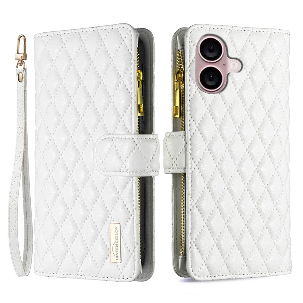 BINFEN COLOR BF Style-15 For iPhone 16 Plus Case Rhombus Imprint Zipper Wallet Leather Phone Cover