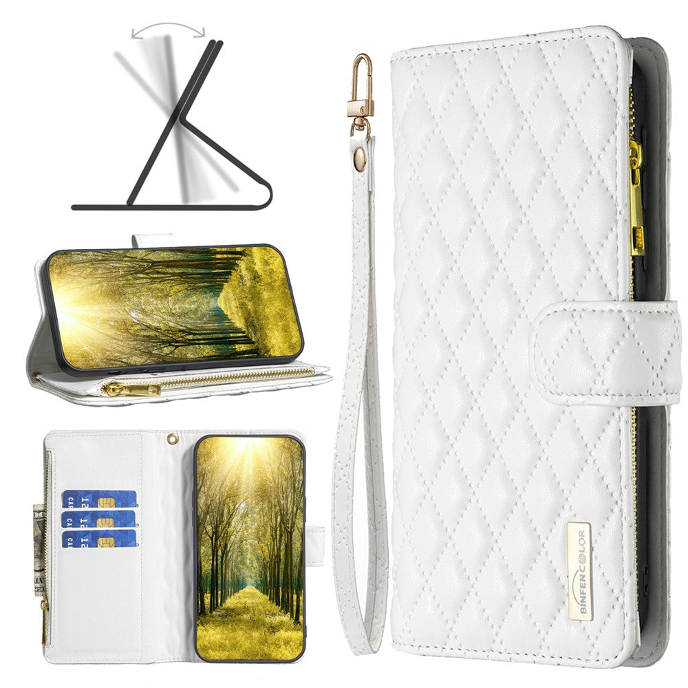 BINFEN COLOR BF Style-15 For iPhone 16 Plus Case Rhombus Imprint Zipper Wallet Leather Phone Cover