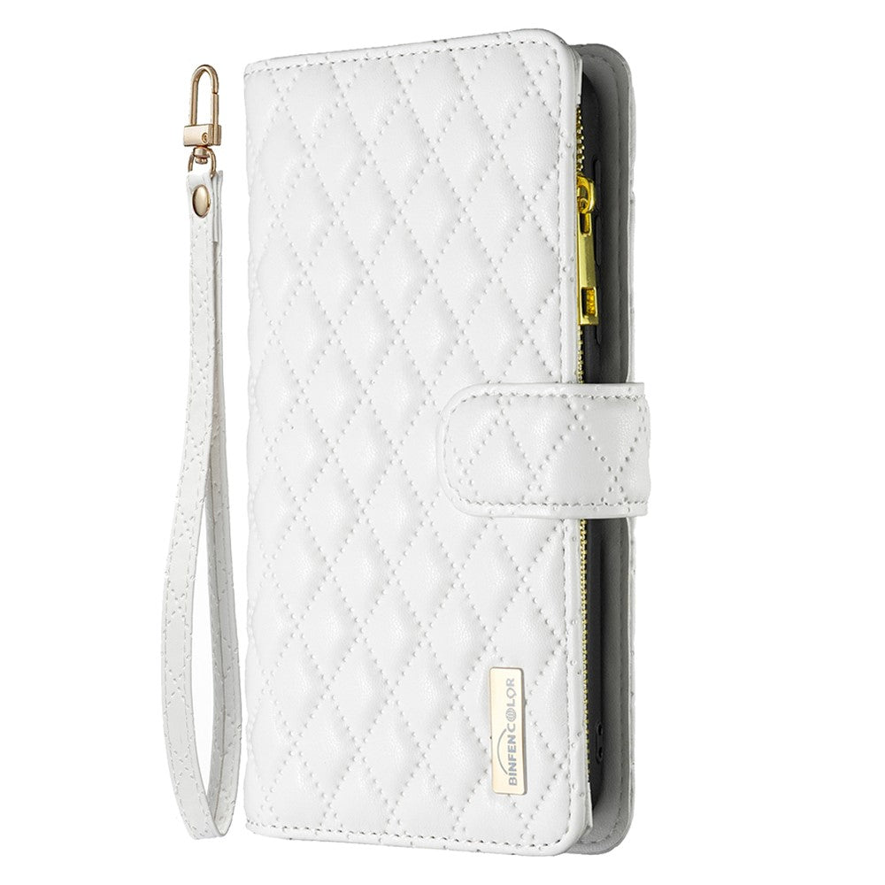 BINFEN COLOR BF Style-15 For iPhone 16 Plus Case Rhombus Imprint Zipper Wallet Leather Phone Cover