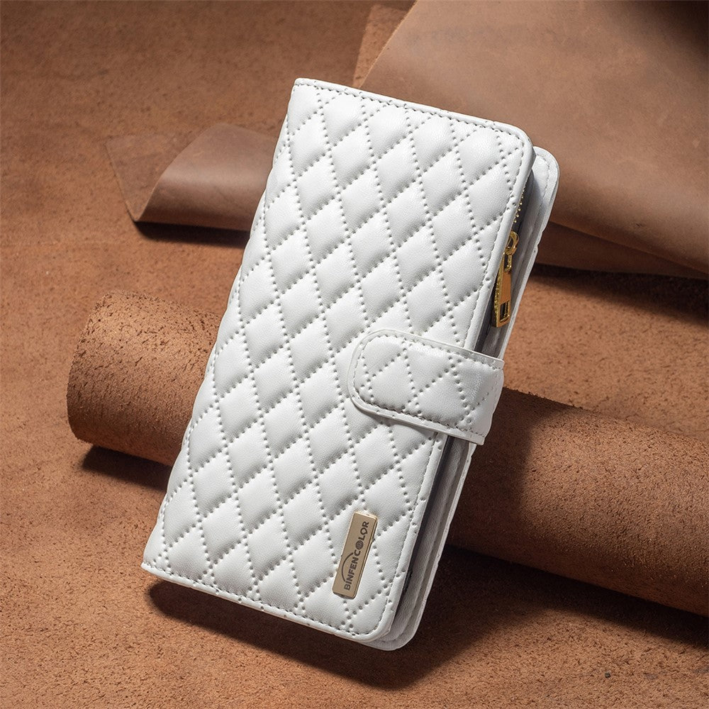 BINFEN COLOR BF Style-15 For iPhone 16 Plus Case Rhombus Imprint Zipper Wallet Leather Phone Cover