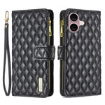 BINFEN COLOR BF Style-15 For iPhone 16 Plus Case Rhombus Imprint Zipper Wallet Leather Phone Cover