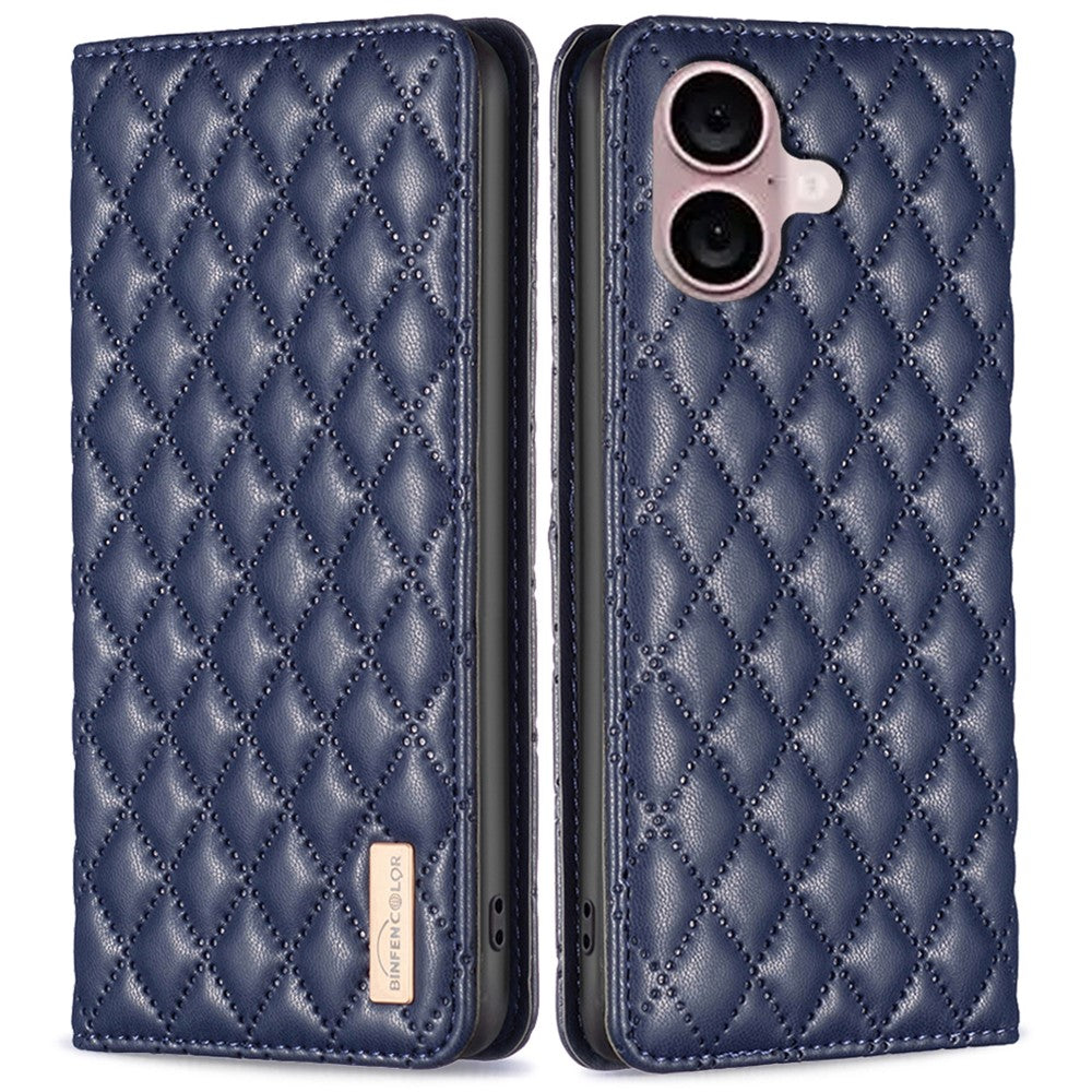 BINFEN COLOR BF Style-16 For iPhone 16 Plus Phone Stand Case Leather Phone Cover with Imprinted Rhombus Grid