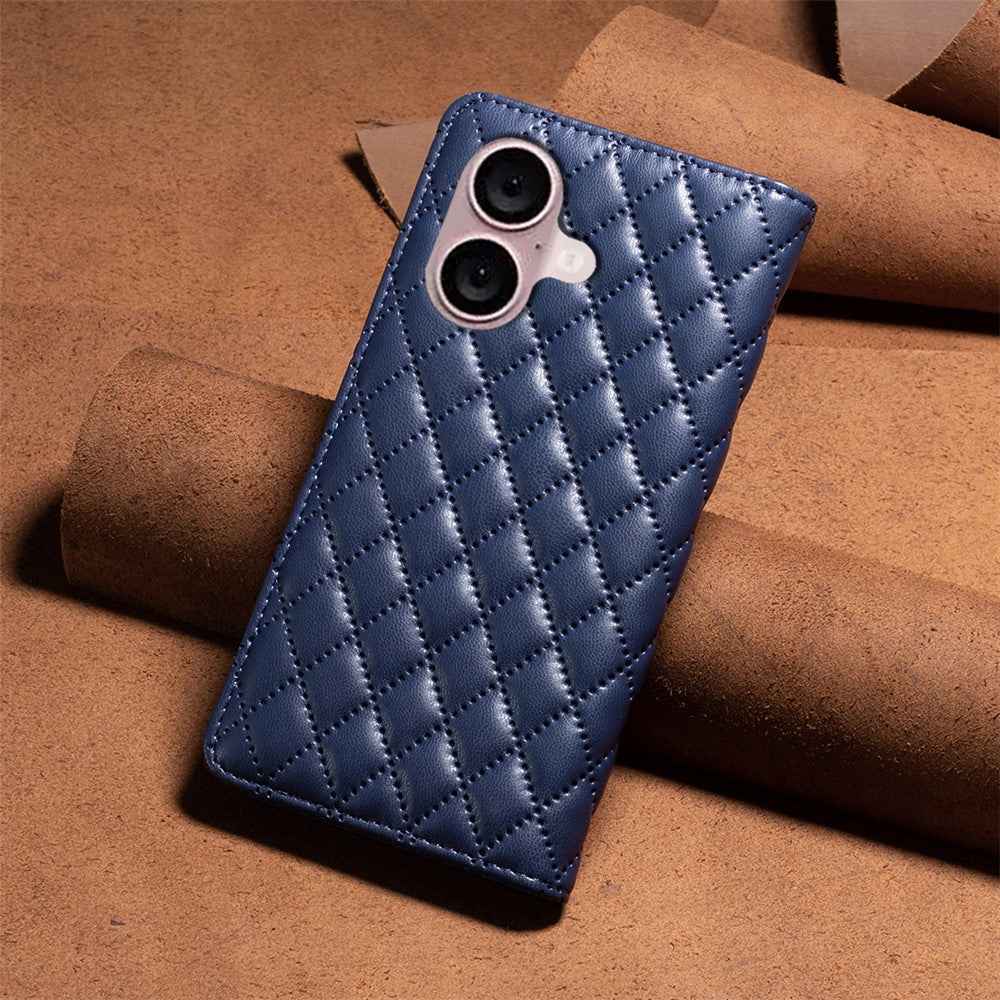 BINFEN COLOR BF Style-16 For iPhone 16 Plus Phone Stand Case Leather Phone Cover with Imprinted Rhombus Grid