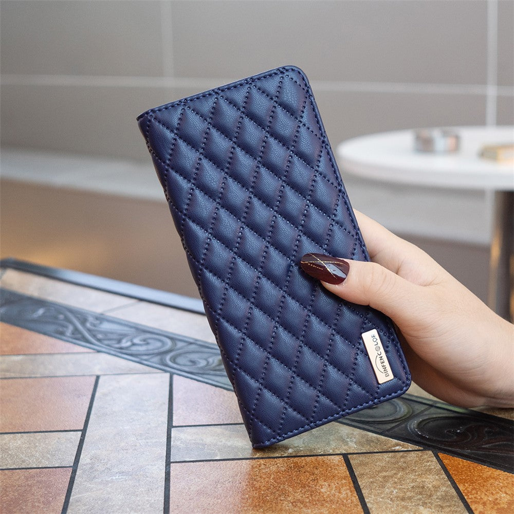 BINFEN COLOR BF Style-16 For iPhone 16 Plus Phone Stand Case Leather Phone Cover with Imprinted Rhombus Grid