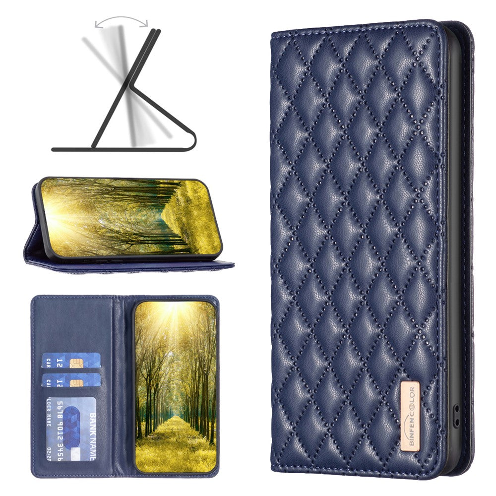 BINFEN COLOR BF Style-16 For iPhone 16 Plus Phone Stand Case Leather Phone Cover with Imprinted Rhombus Grid