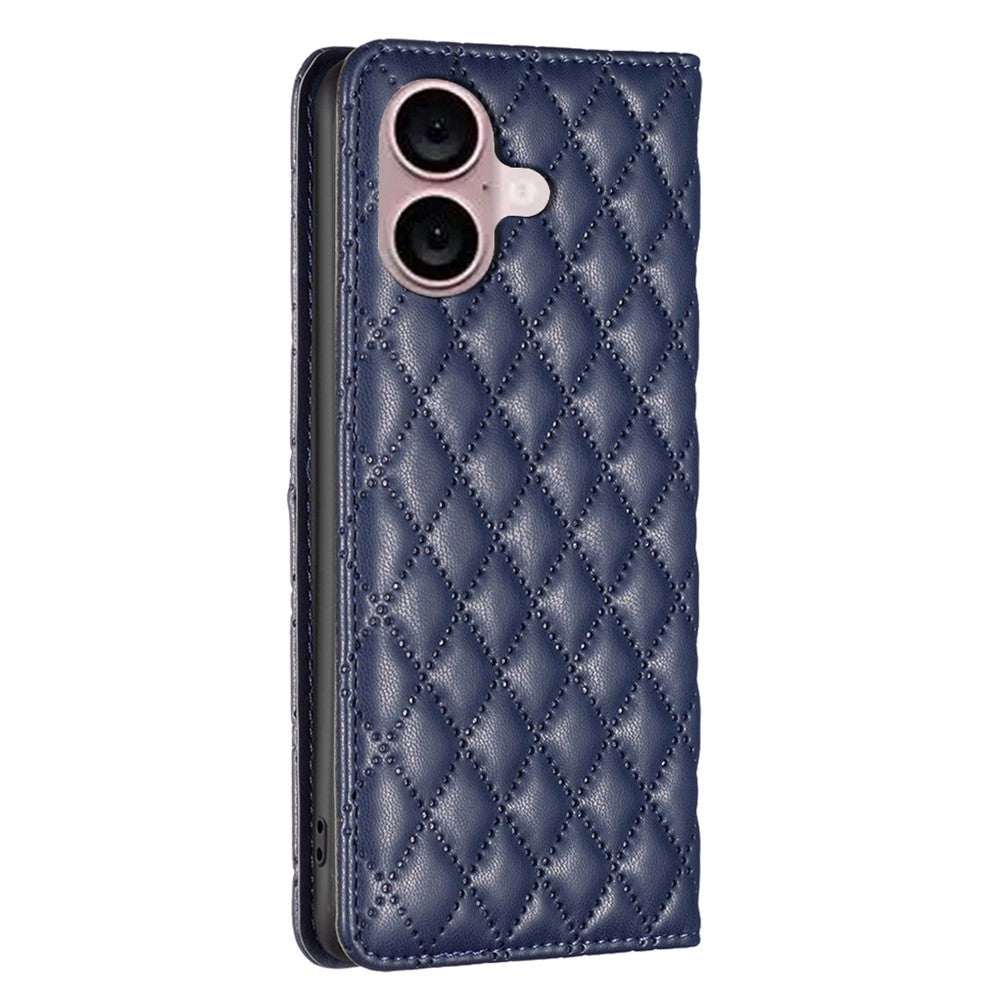 BINFEN COLOR BF Style-16 For iPhone 16 Plus Phone Stand Case Leather Phone Cover with Imprinted Rhombus Grid