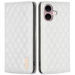 BINFEN COLOR BF Style-16 For iPhone 16 Plus Phone Stand Case Leather Phone Cover with Imprinted Rhombus Grid
