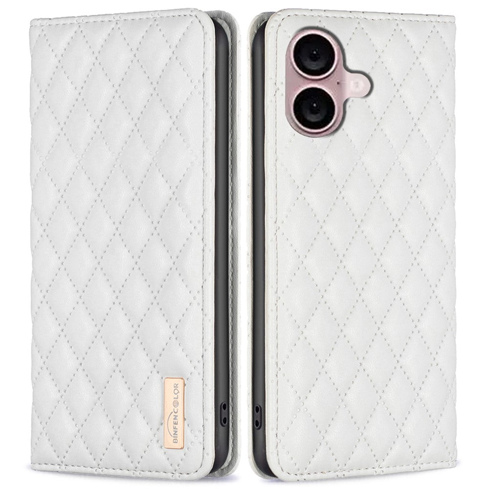 BINFEN COLOR BF Style-16 For iPhone 16 Plus Phone Stand Case Leather Phone Cover with Imprinted Rhombus Grid