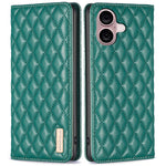 BINFEN COLOR BF Style-16 For iPhone 16 Plus Phone Stand Case Leather Phone Cover with Imprinted Rhombus Grid