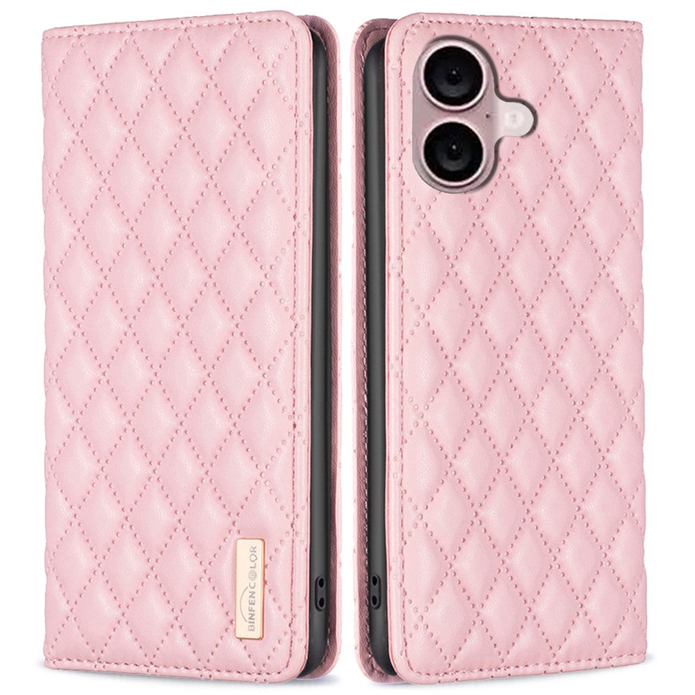 BINFEN COLOR BF Style-16 For iPhone 16 Plus Phone Stand Case Leather Phone Cover with Imprinted Rhombus Grid