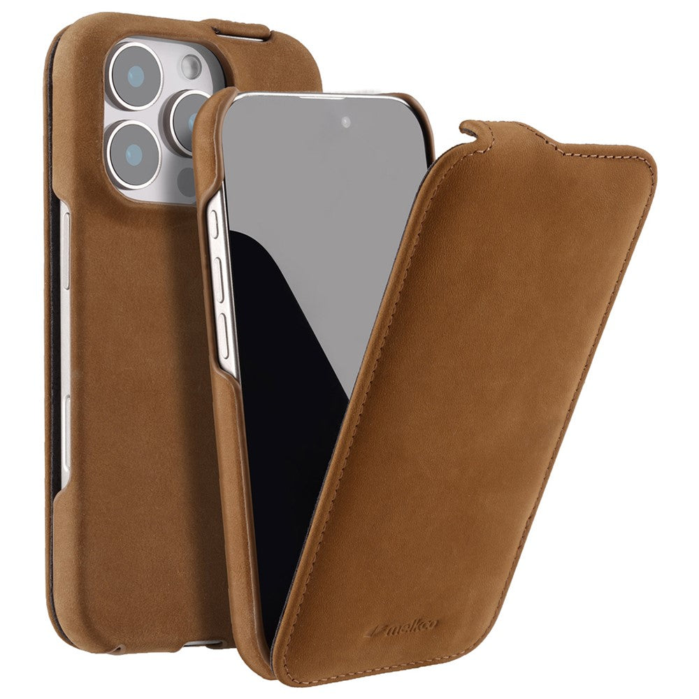 MELKCO For iPhone 16 Pro Max Case Compatible with MagSafe Vertical Flip Genuine Cow Leather + PC Phone Cover