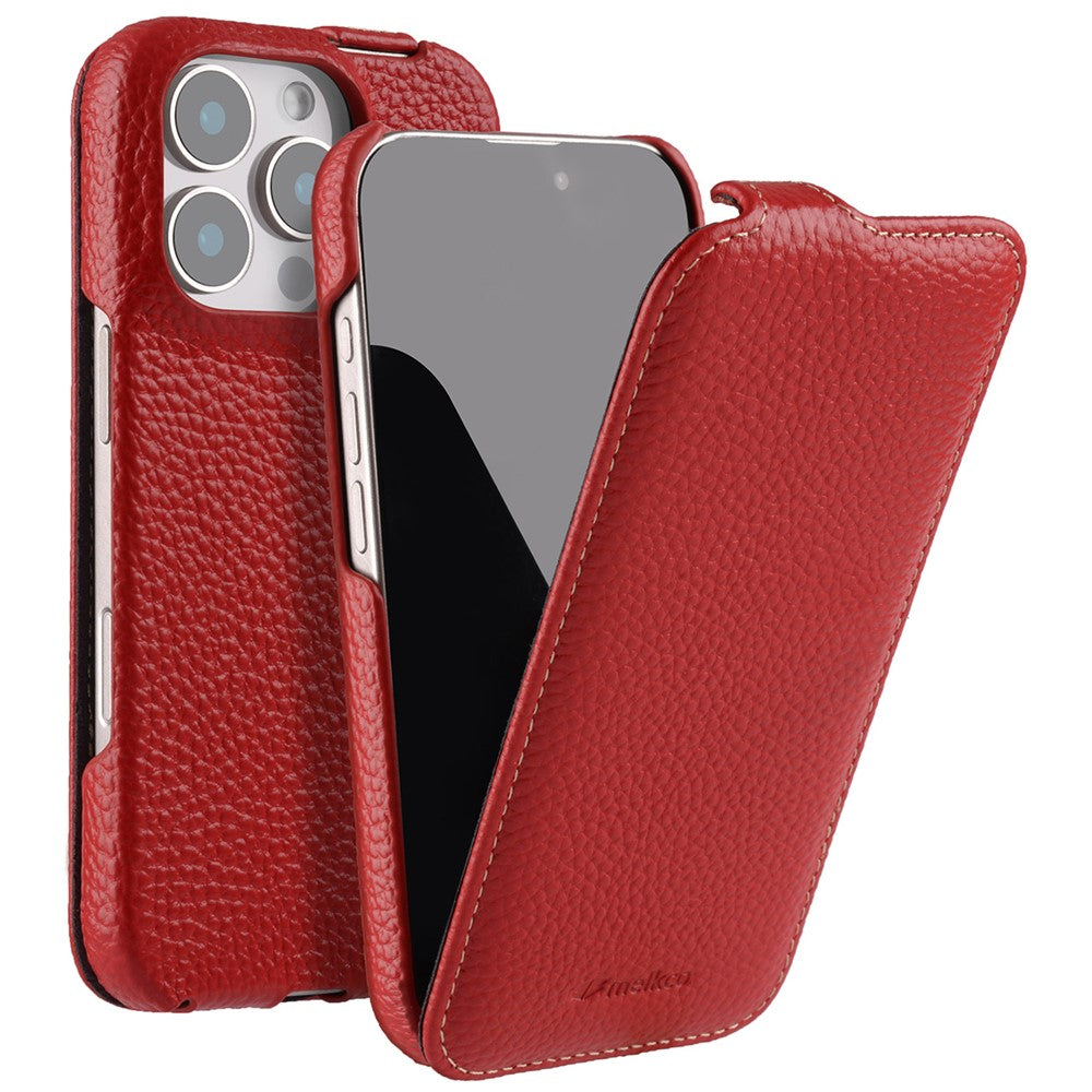 MELKCO For iPhone 16 Pro Max Case Compatible with MagSafe Vertical Flip Genuine Cow Leather + PC Phone Cover