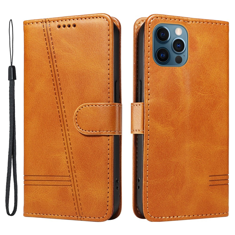 For iPhone 12 / 12 Pro Anti-Scratch Phone Case Imprinted Line PU Leather Cover Wallet with Wrist Strap