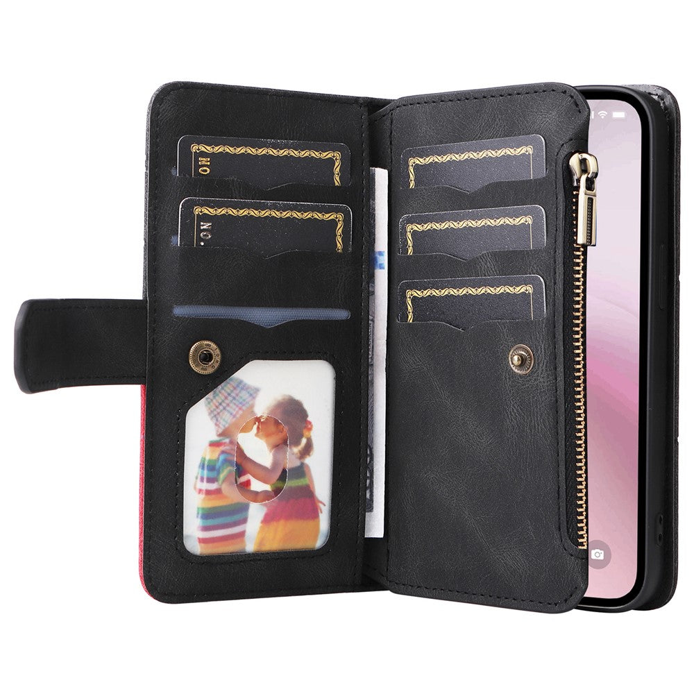 For iPhone 17e / 16e Leather Case with Strap Zipper 9 Card Slot Phone Cover Stand