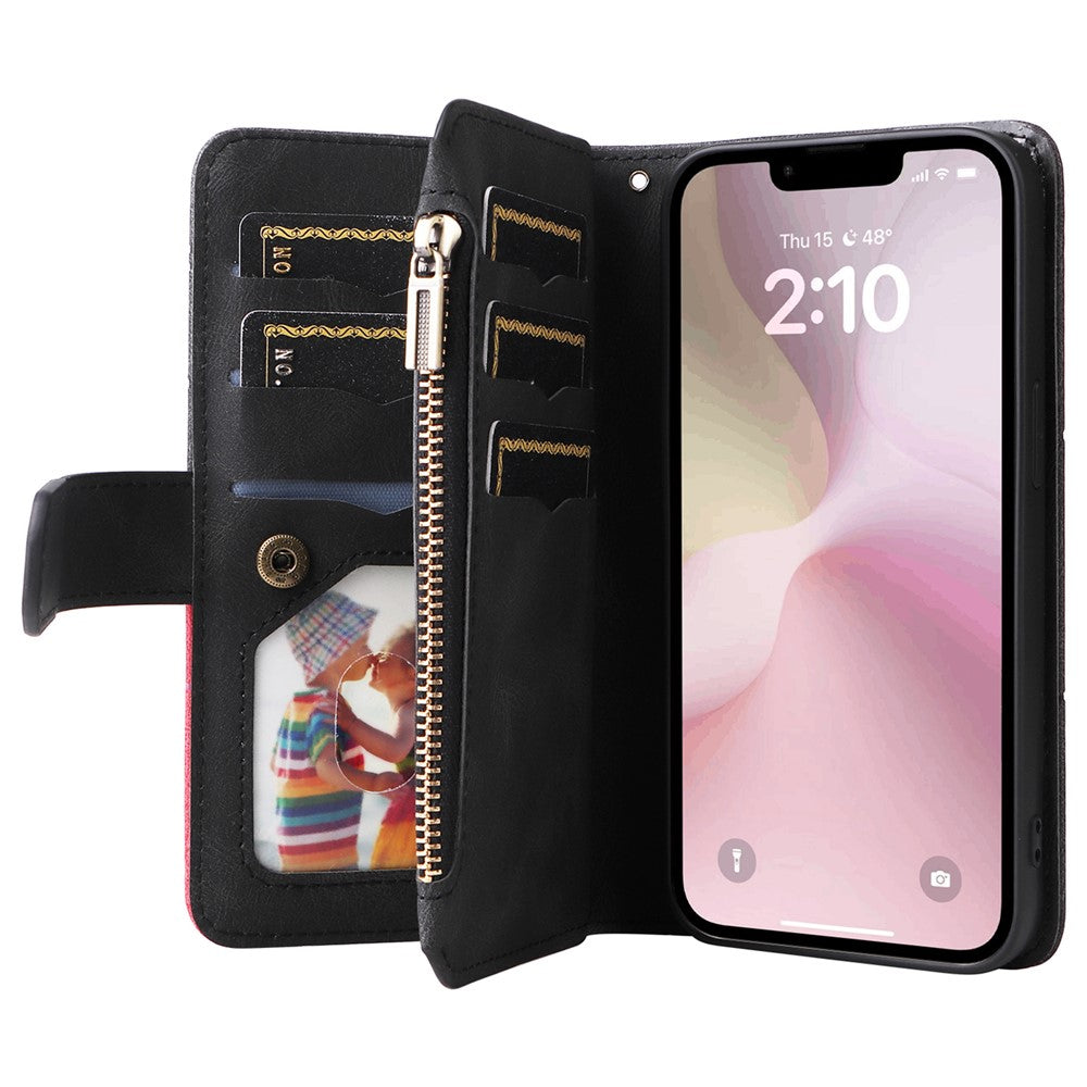 For iPhone 17e / 16e Leather Case with Strap Zipper 9 Card Slot Phone Cover Stand