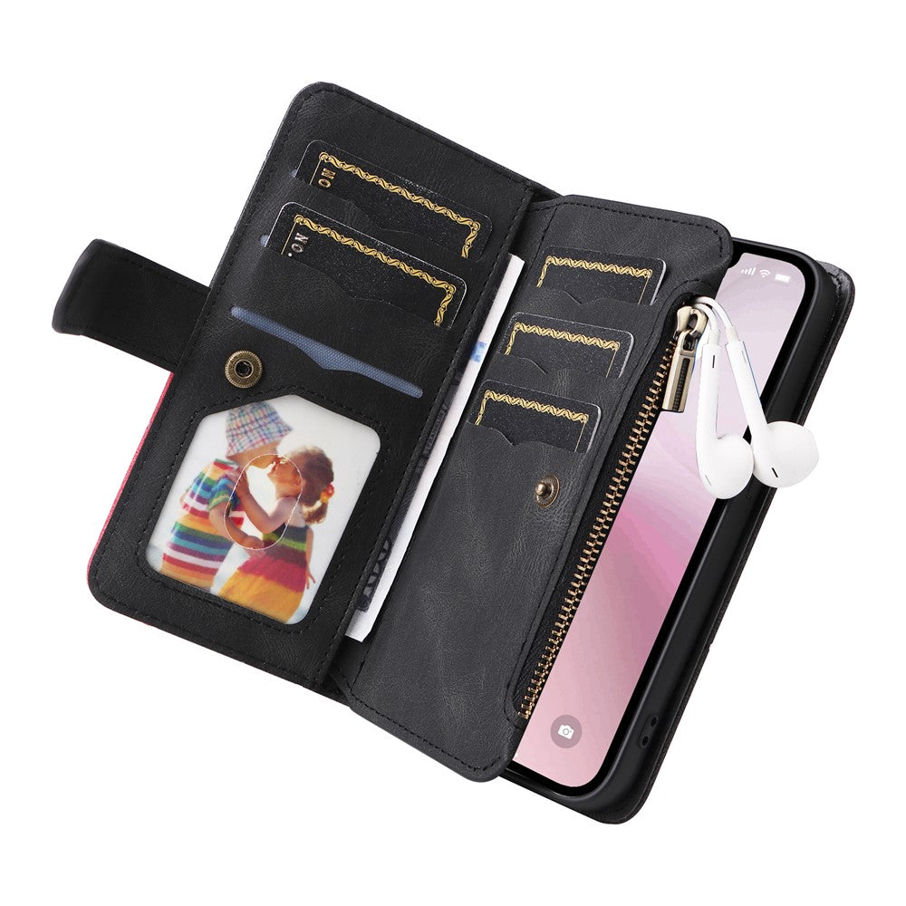For iPhone 17e / 16e Leather Case with Strap Zipper 9 Card Slot Phone Cover Stand