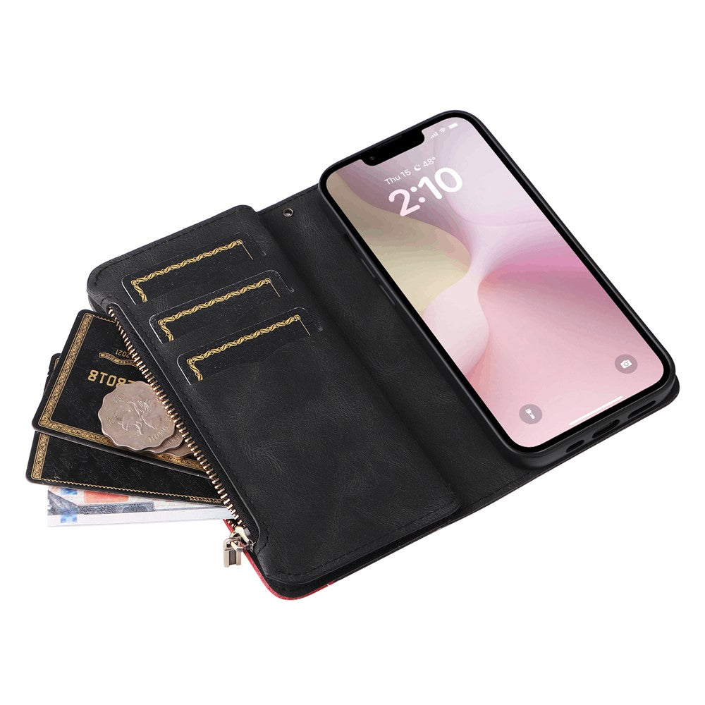 For iPhone 17e / 16e Leather Case with Strap Zipper 9 Card Slot Phone Cover Stand