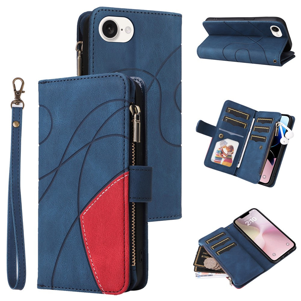 For iPhone 17e / 16e Leather Case with Strap Zipper 9 Card Slot Phone Cover Stand