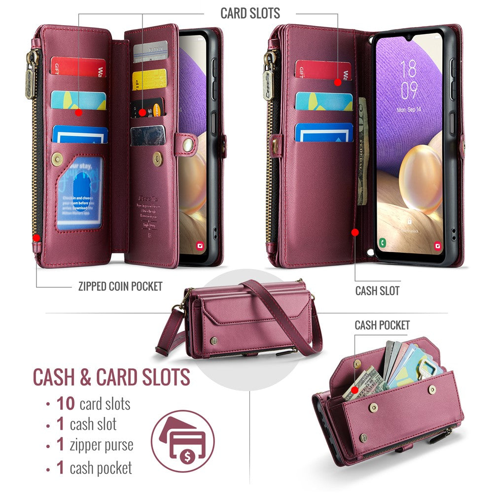 Til Samsung Galaxy A32 5G / M32 5G lædercover CASEME C36 lynlås, flere kortpladser telefoncover med remme