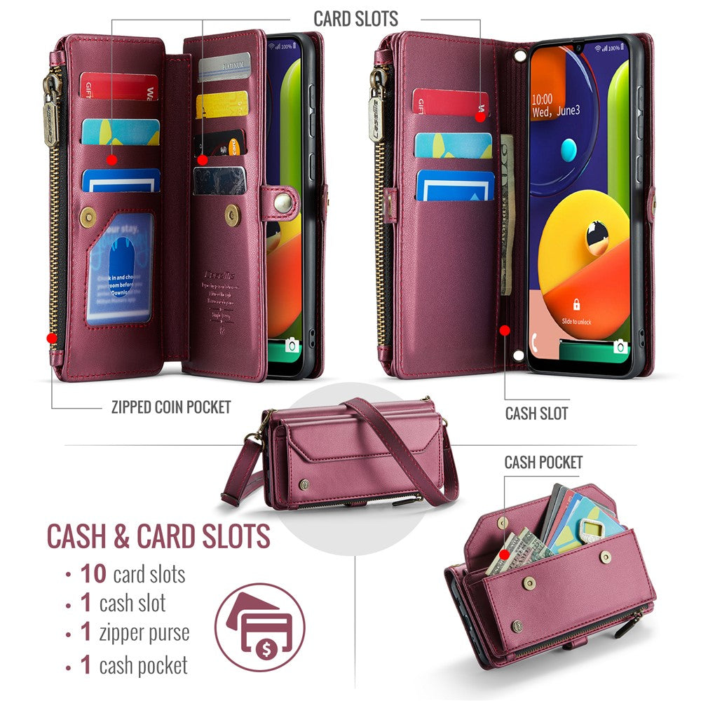 For Samsung Galaxy A30s / A50s / A50 Leather Case CASEME C36 Zipper Multiple Card Slots Phone Cover with Straps