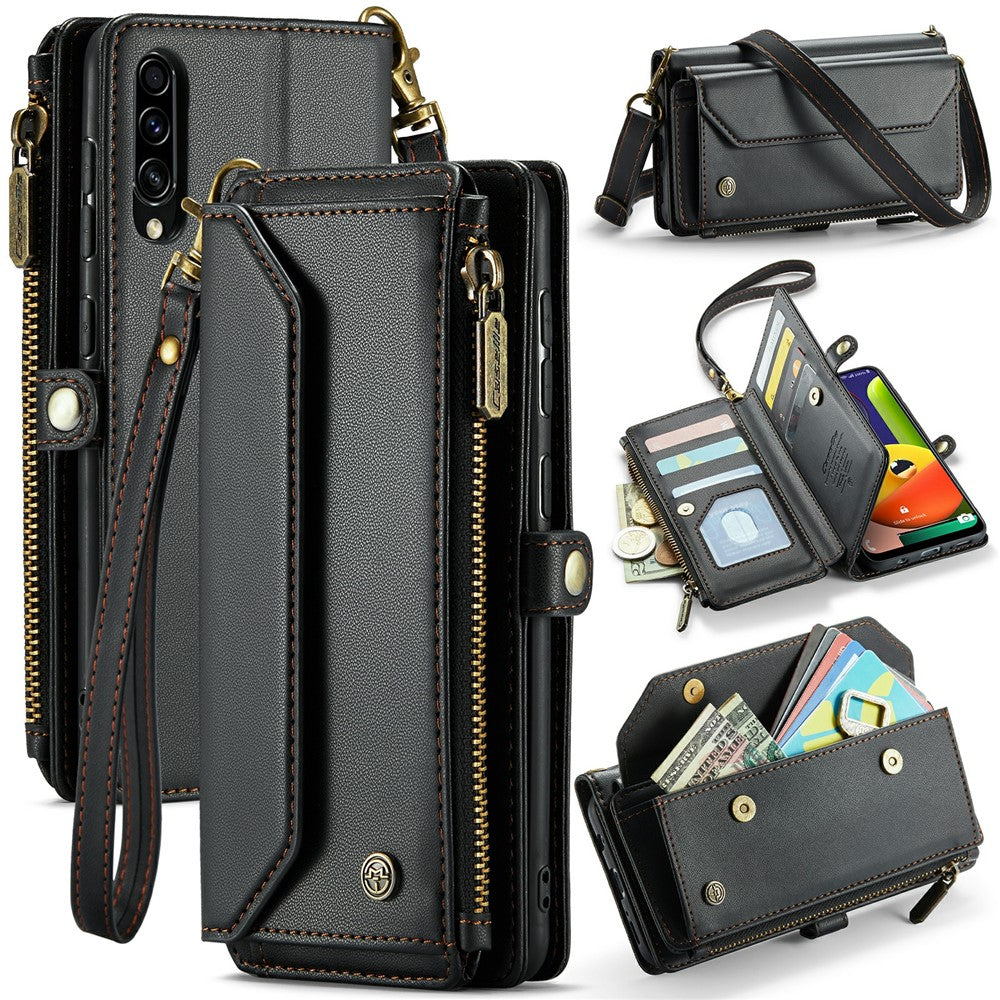 For Samsung Galaxy A30s / A50s / A50 Leather Case CASEME C36 Zipper Multiple Card Slots Phone Cover with Straps