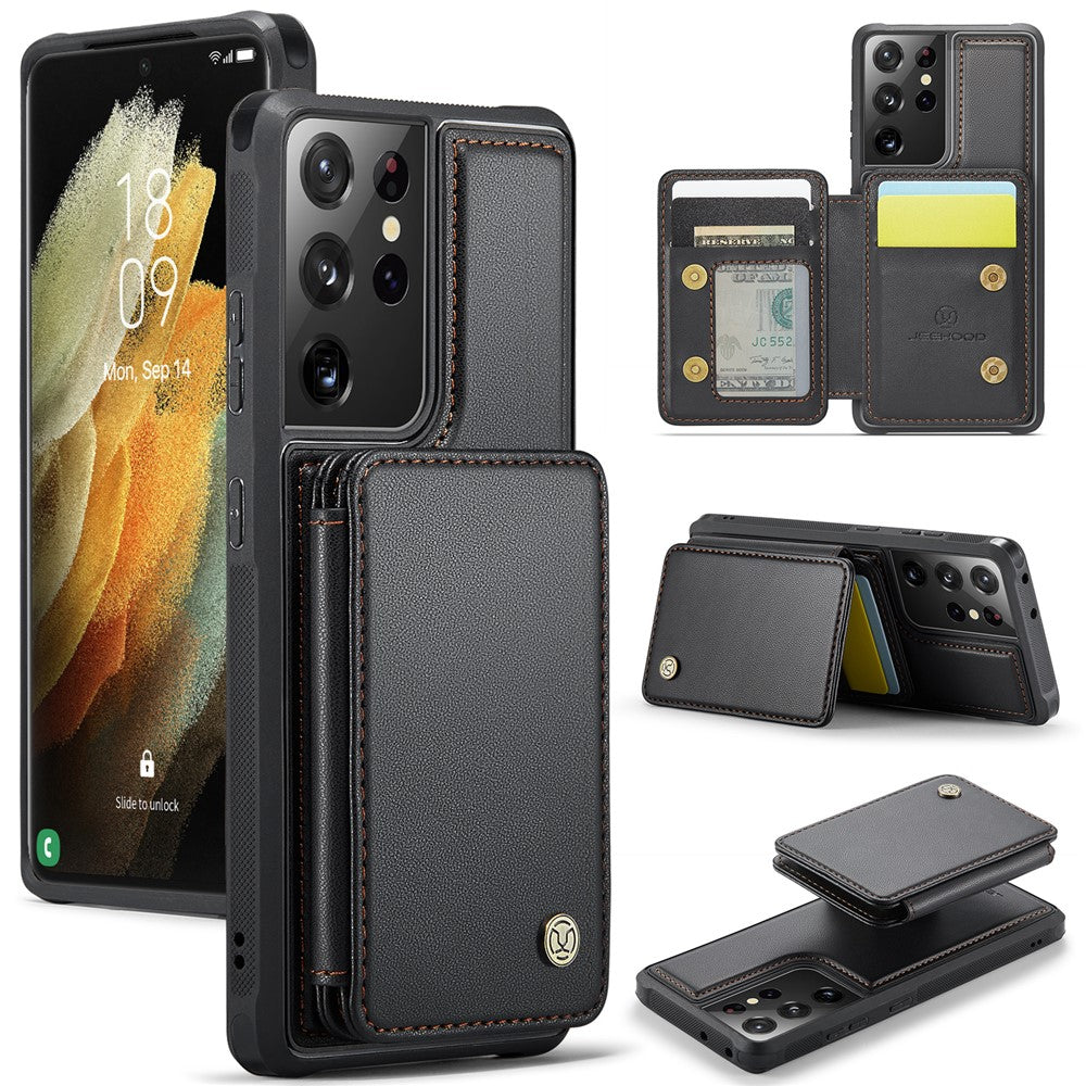 JEEHOOD J05 For Samsung Galaxy S21 Ultra 5G Case Leather Mobile Cover with Detachable Magnetic Card Bag