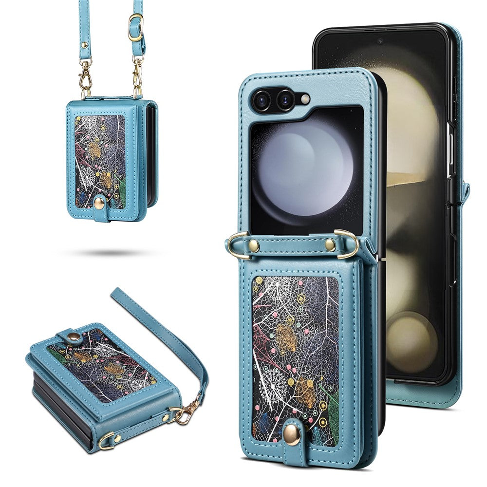 For Samsung Galaxy Z Flip7 FE 5G / Z Flip6 5G Case Leather+PC Phone Cover with Card Holder Long Strap