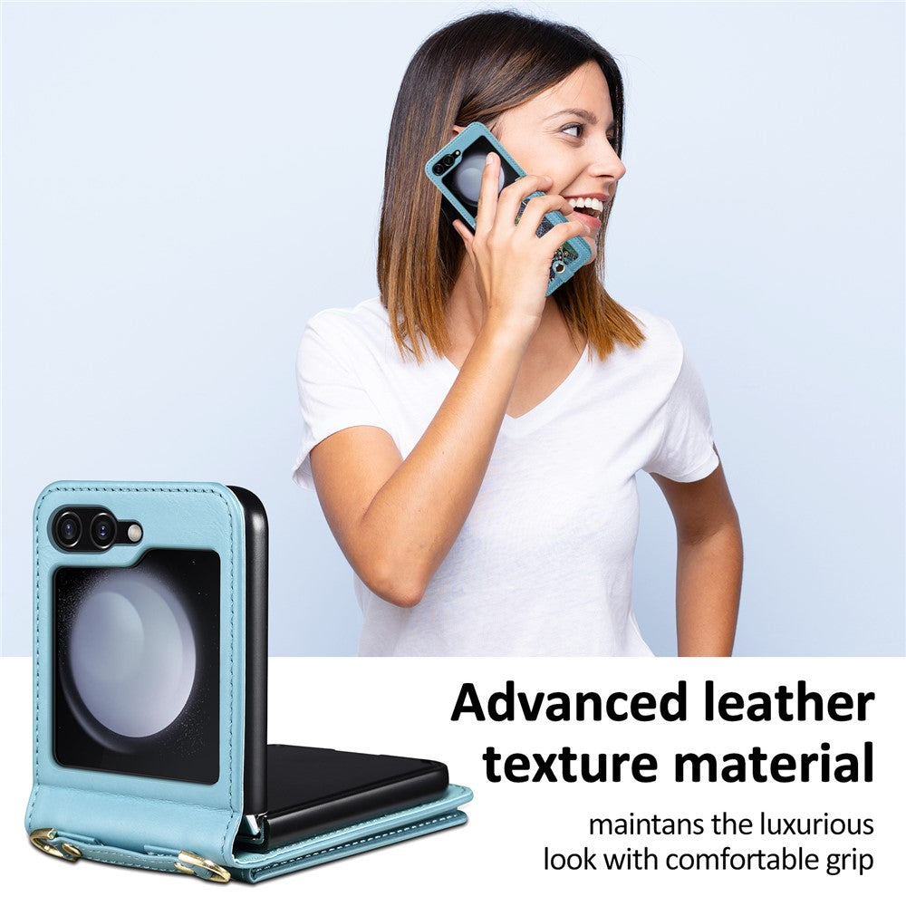 For Samsung Galaxy Z Flip7 FE 5G / Z Flip6 5G Case Leather+PC Phone Cover with Card Holder Long Strap