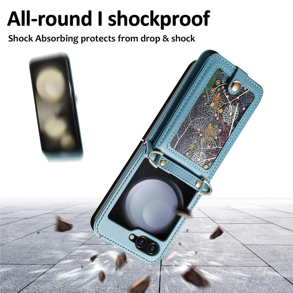 For Samsung Galaxy Z Flip7 FE 5G / Z Flip6 5G Case Leather+PC Phone Cover with Card Holder Long Strap