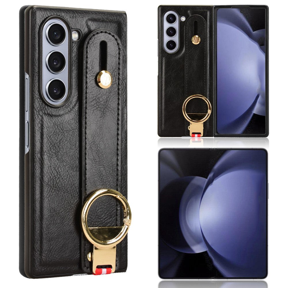 For Samsung Galaxy Z Fold6 5G Case Leather+PC+TPU Wristband Cover with Bottle Opener Ring
