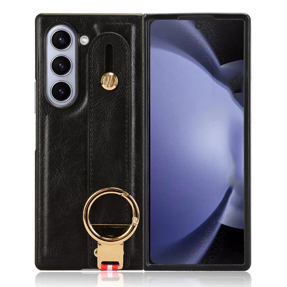 For Samsung Galaxy Z Fold6 5G Case Leather+PC+TPU Wristband Cover with Bottle Opener Ring
