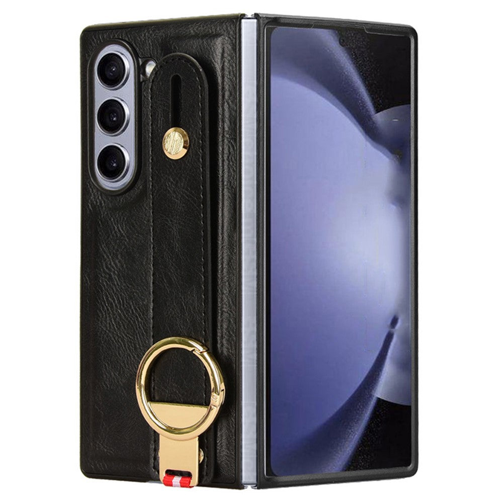 For Samsung Galaxy Z Fold6 5G Case Leather+PC+TPU Wristband Cover with Bottle Opener Ring