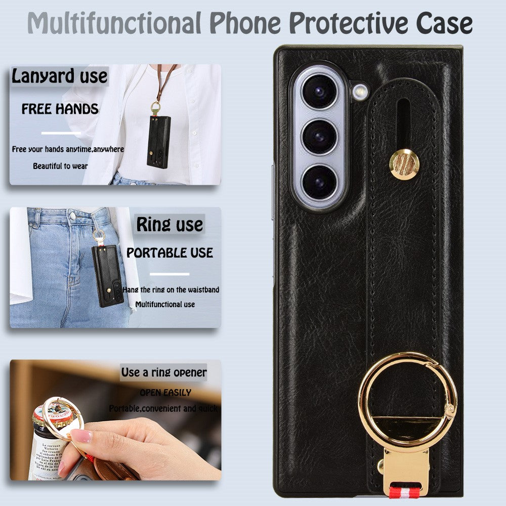 For Samsung Galaxy Z Fold6 5G Case Leather+PC+TPU Wristband Cover with Bottle Opener Ring