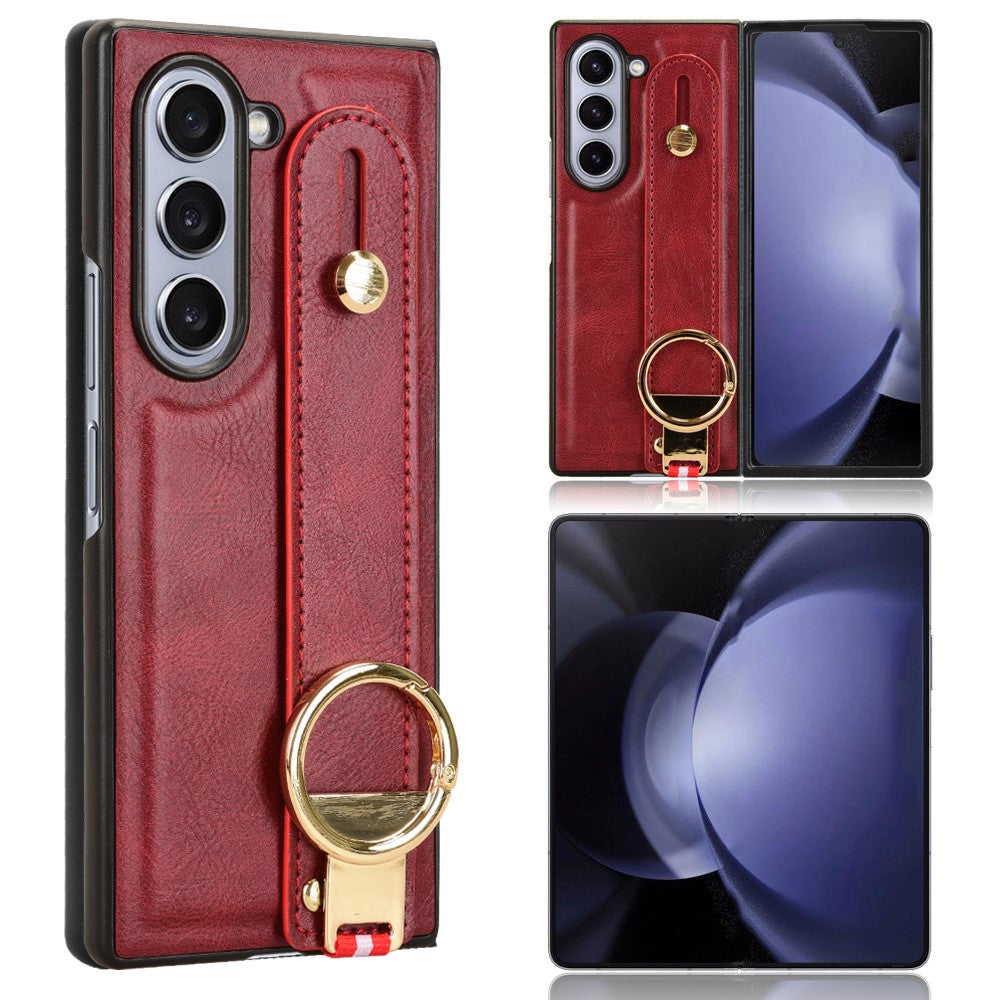 For Samsung Galaxy Z Fold6 5G Case Leather+PC+TPU Wristband Cover with Bottle Opener Ring