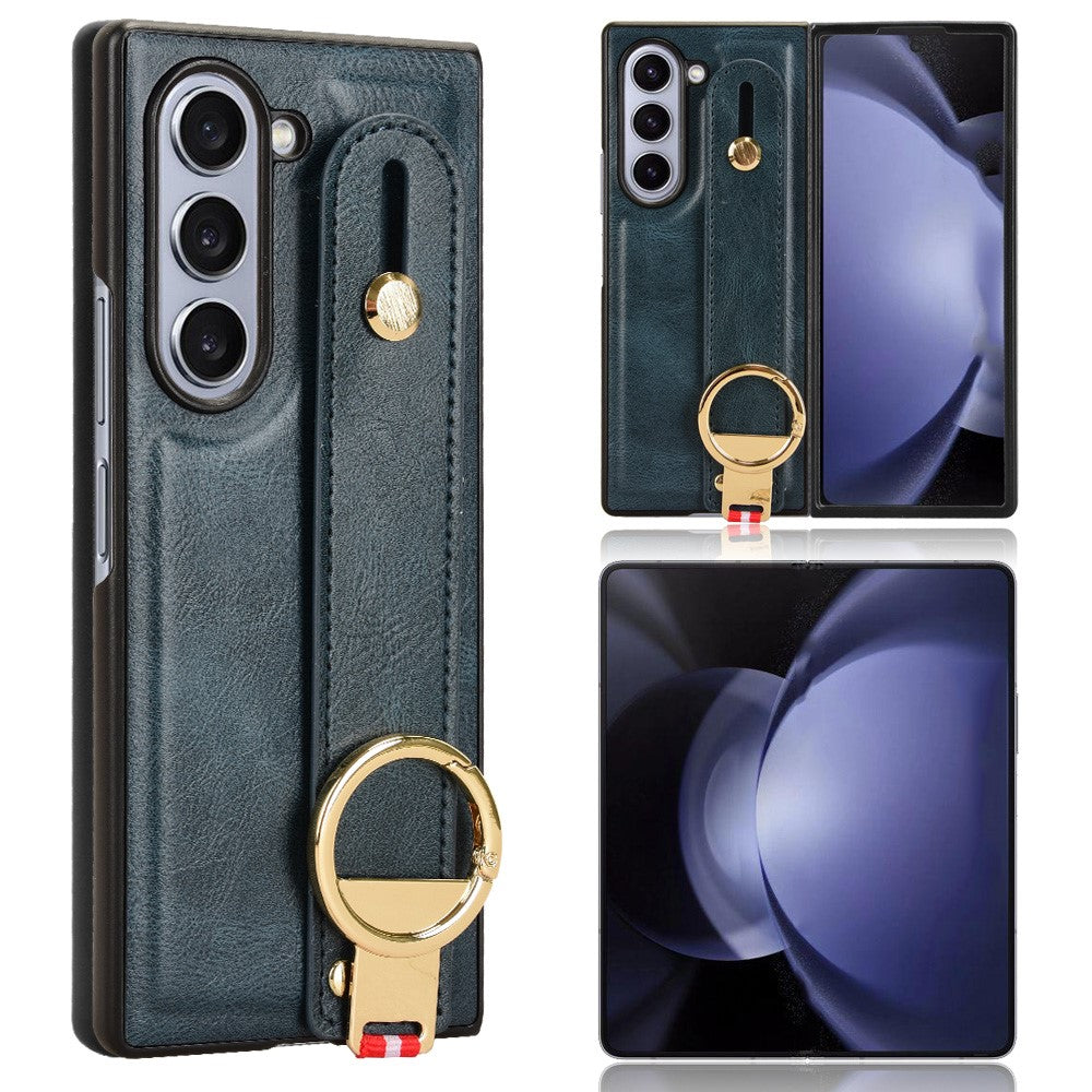 For Samsung Galaxy Z Fold6 5G Case Leather+PC+TPU Wristband Cover with Bottle Opener Ring