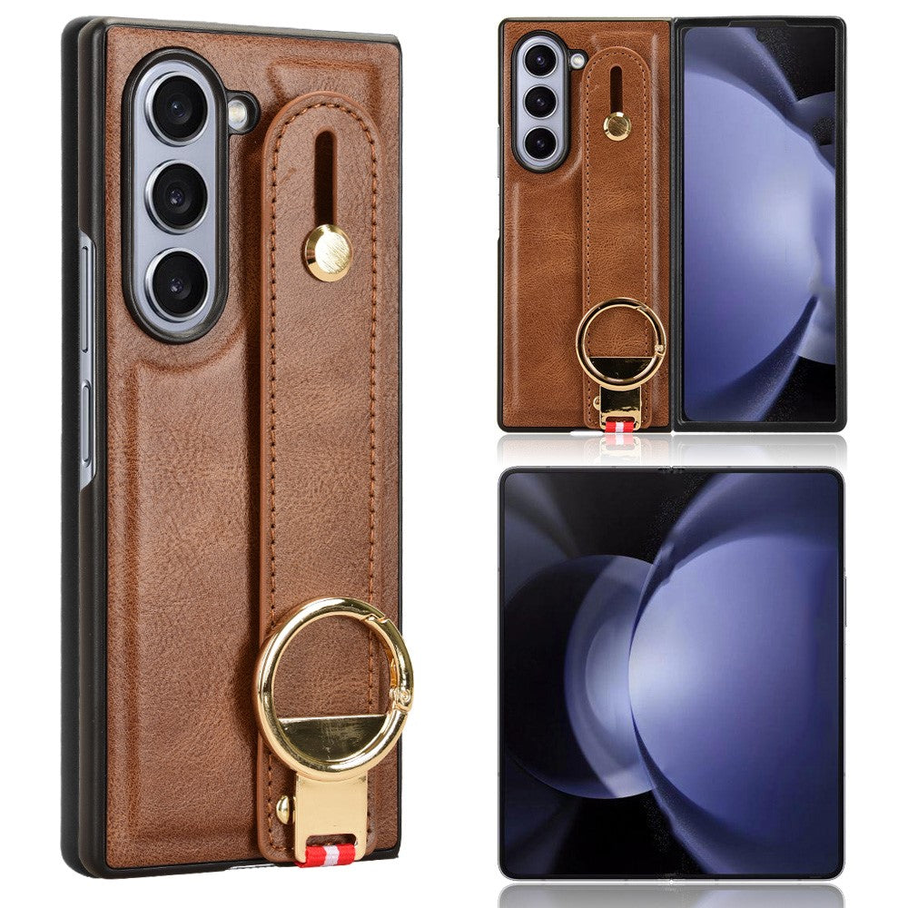 For Samsung Galaxy Z Fold6 5G Case Leather+PC+TPU Wristband Cover with Bottle Opener Ring
