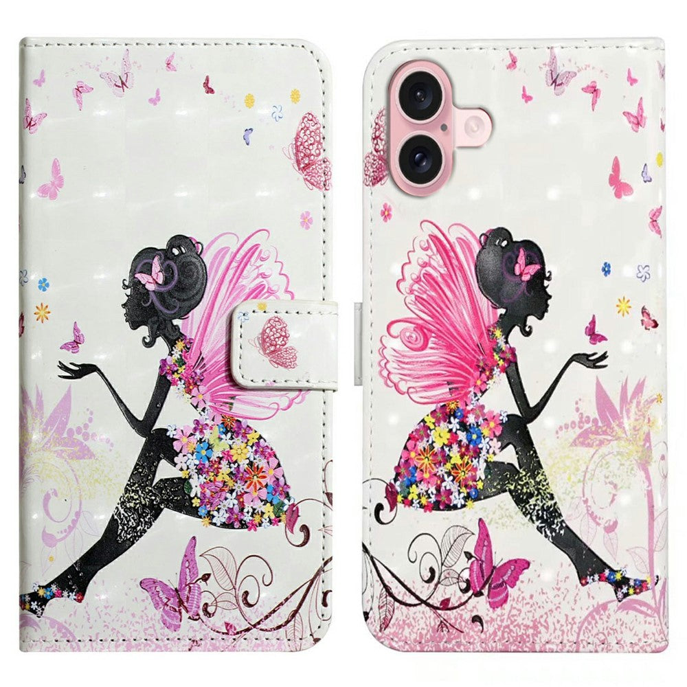 Til iPhone 16 Plus Cover Stativ Kortholder Læder Telefoncover 3D Kreativt Mønster Design