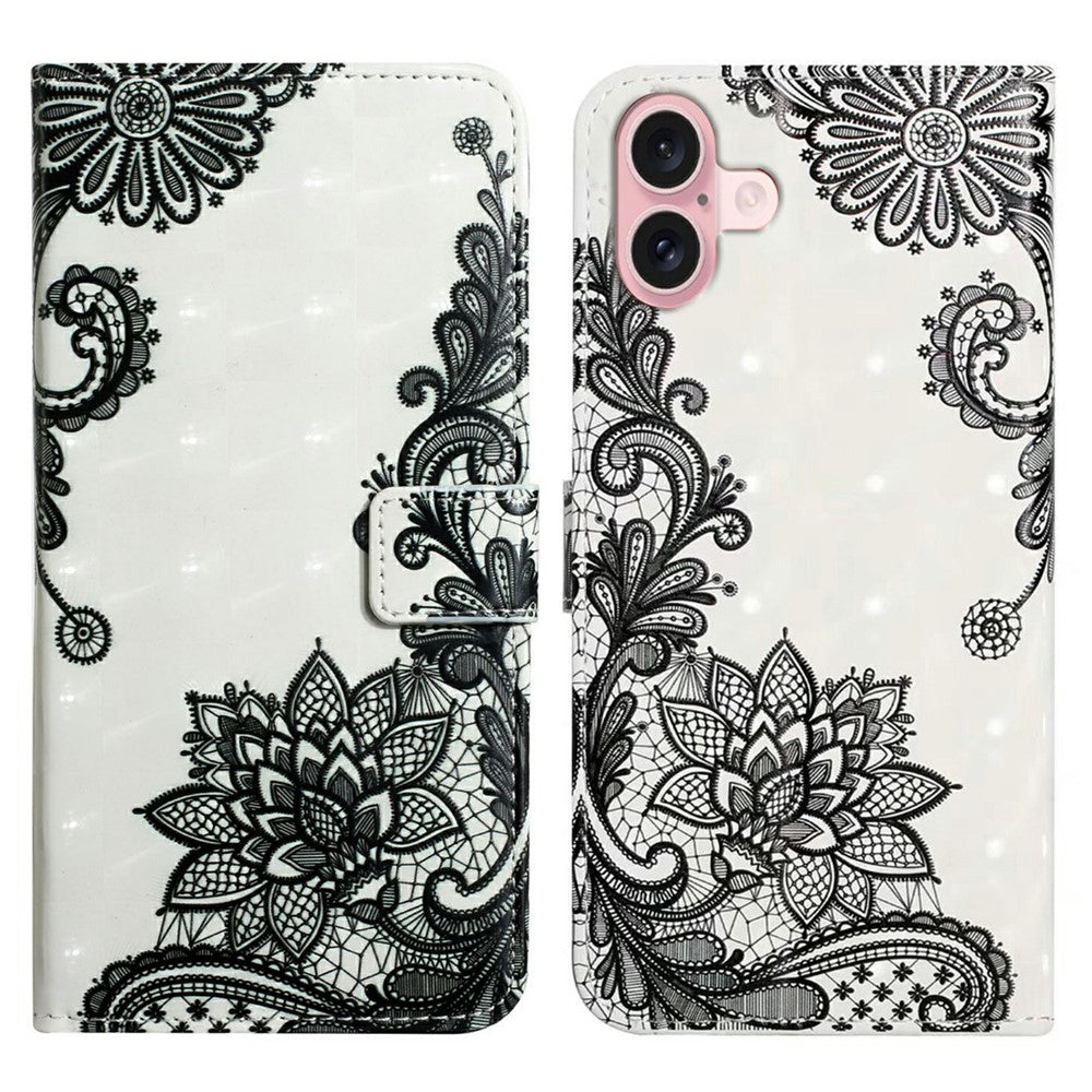 Til iPhone 16 Plus Cover Stativ Kortholder Læder Telefoncover 3D Kreativt Mønster Design