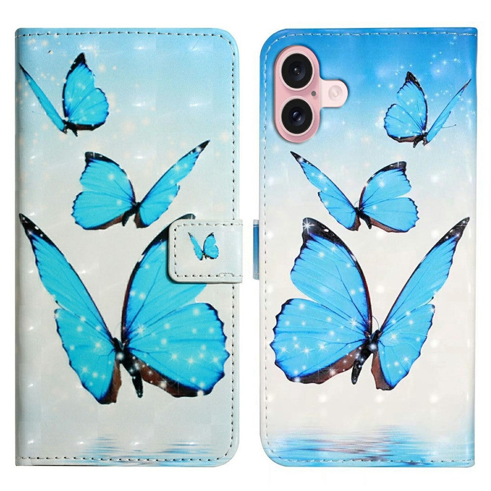 Til iPhone 16 Plus Cover Stativ Kortholder Læder Telefoncover 3D Kreativt Mønster Design