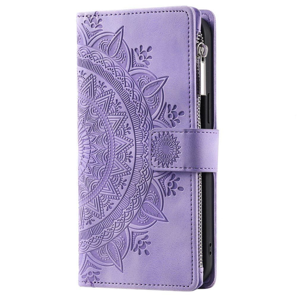 Stil 006 mobilcover til Samsung Galaxy S24 FE med mandala-blomstermønster, PU-læder og pung med lynlås