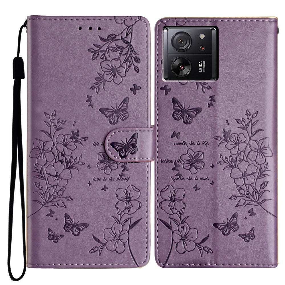 Xiaomi 13T / 13T Pro / Redmi K60 Ultra Stativskal Läderfodral med Fjärilsmönster och Blommönster