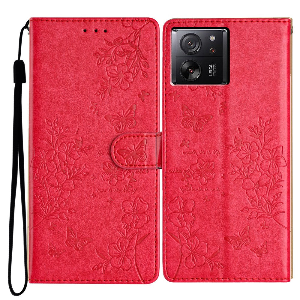 Xiaomi 13T / 13T Pro / Redmi K60 Ultra stativfodral i läder med fjärils- och blommönster