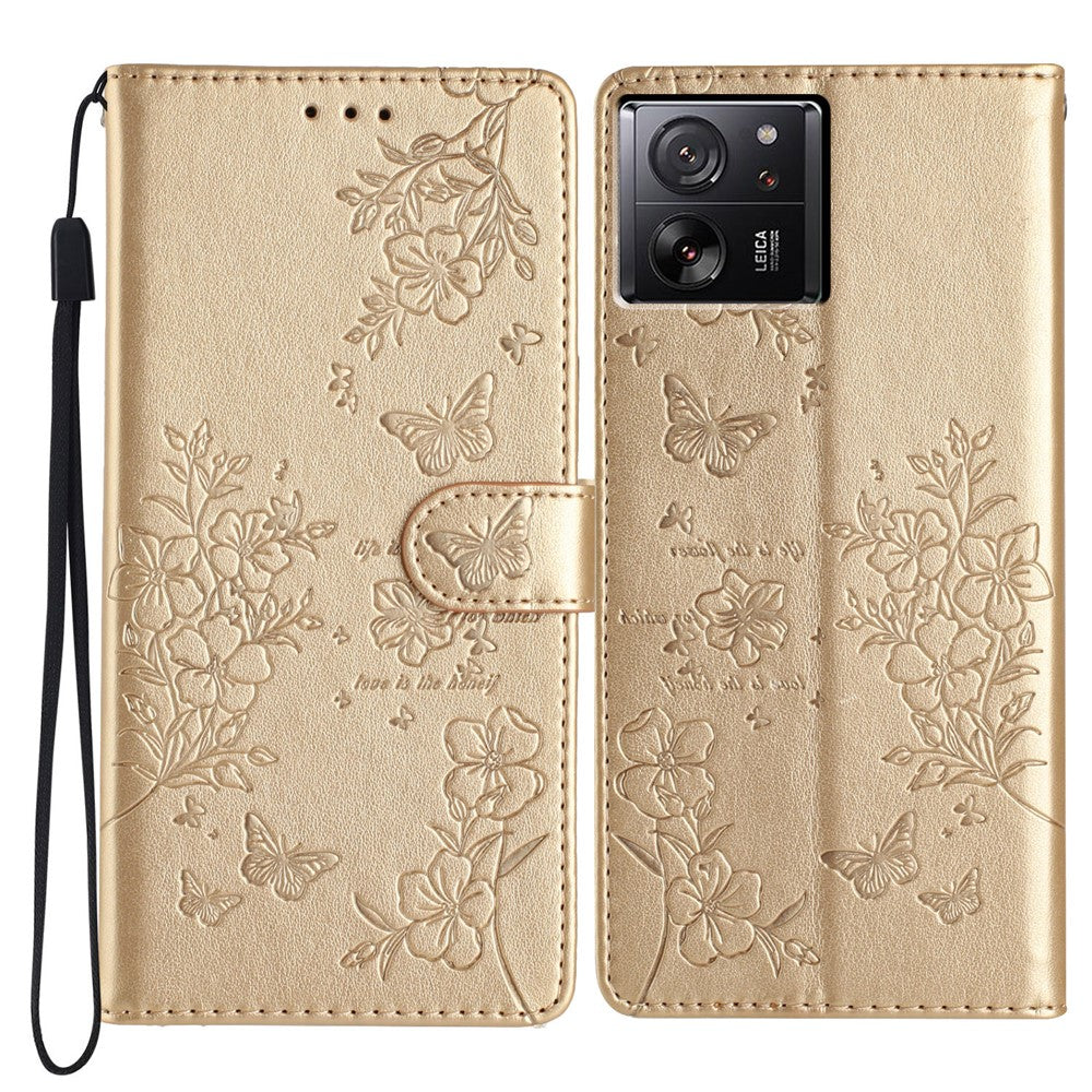 Xiaomi 13T / 13T Pro / Redmi K60 Ultra stativfodral i läder med fjärils- och blommönster