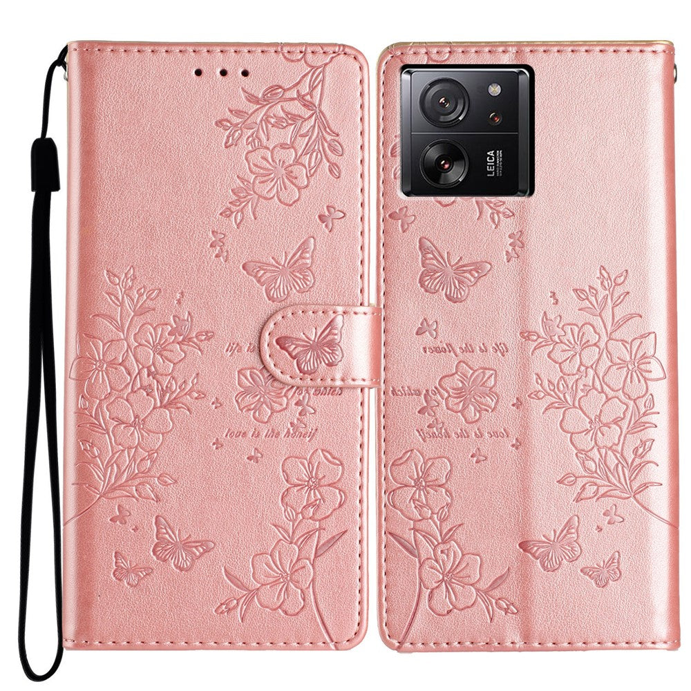 Xiaomi 13T / 13T Pro / Redmi K60 Ultra stativfodral i läder med fjärils- och blommönster