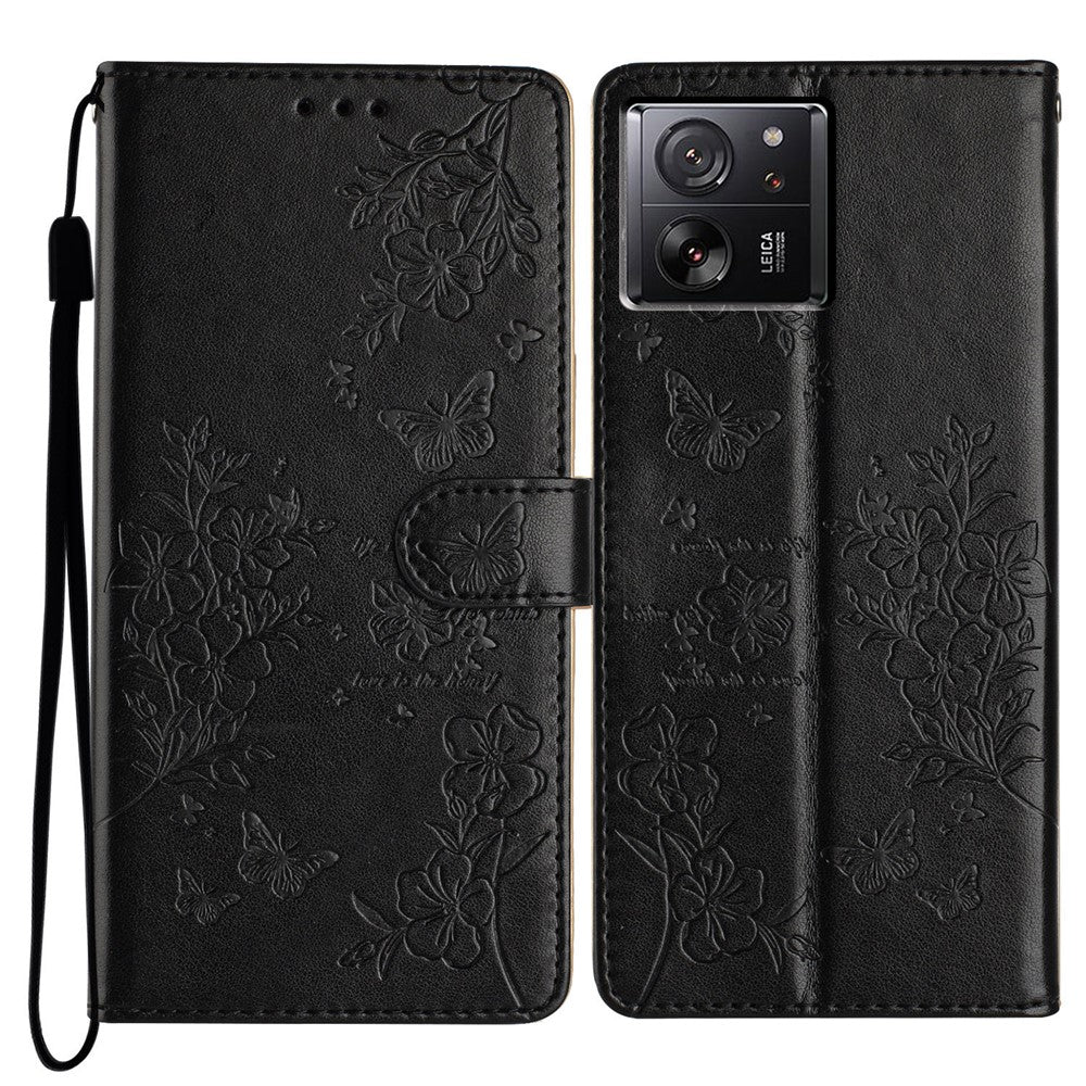 Xiaomi 13T / 13T Pro / Redmi K60 Ultra stativfodral i läder med fjärils- och blommönster