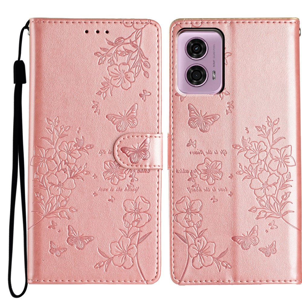 Motorola Moto G45 5G / G34 5G-etui med stativ, sommerfugle- og blomstret læderpung-mobilcover