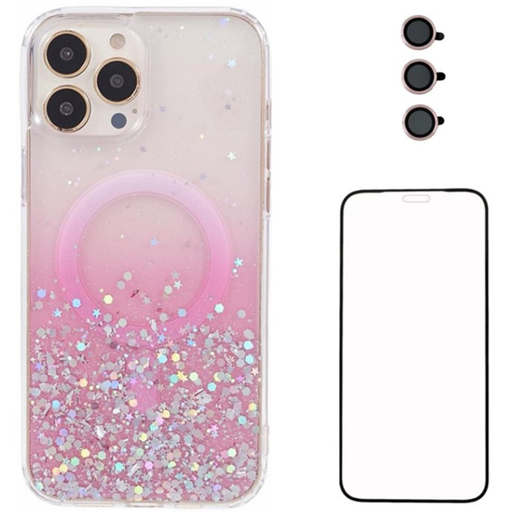 WANLONFENG JWT Series For iPhone 12 Pro Max Glitter Sequin TPU+Acrylic Magnetic Phone Case with Screen Film + Lens Film